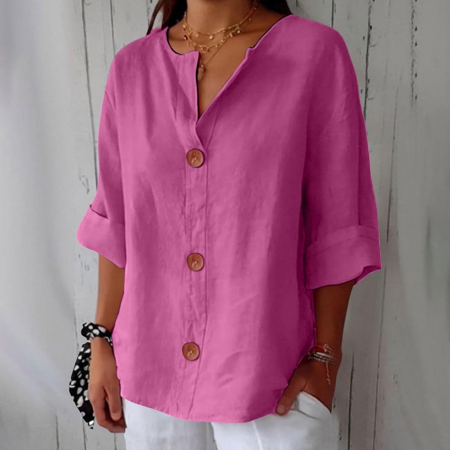 Effortless Linen Blouse for Women with V Neck Elbow Sleeve Button Front Relaxed Style