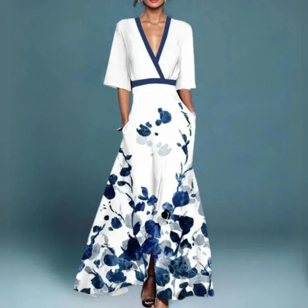 Elegant Floral Embroidered Maxi Dress for Women with V Neck Bell Sleeve Wrap High Slit Flowing Style