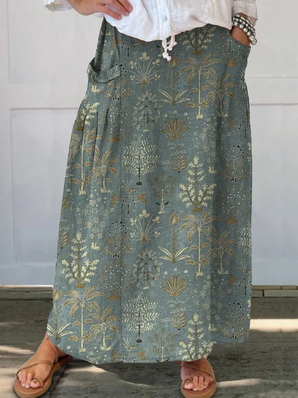 Elegant Dark Green Botanical Print Maxi Skirt for Women with Drawstring Waist Side Pocket Flowing Bohemian Style