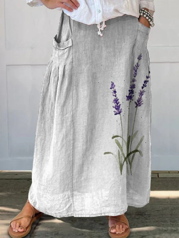 Effortless White Floral Linen Maxi Skirt for Women with Drawstring Waist Relaxed A Line Style