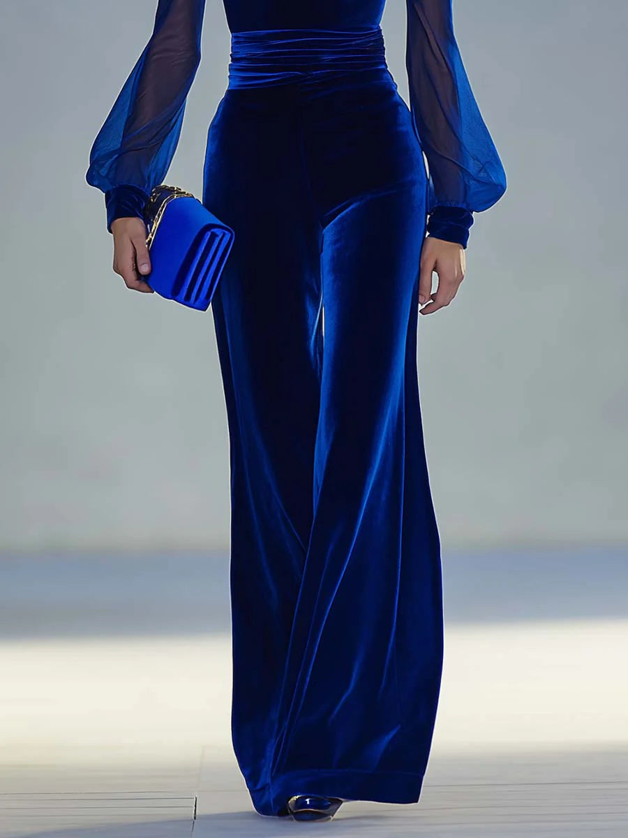 Elegant Velvet Jumpsuit for Women with V Neck Sheer Bishop Sleeve Wide Leg Formal Style