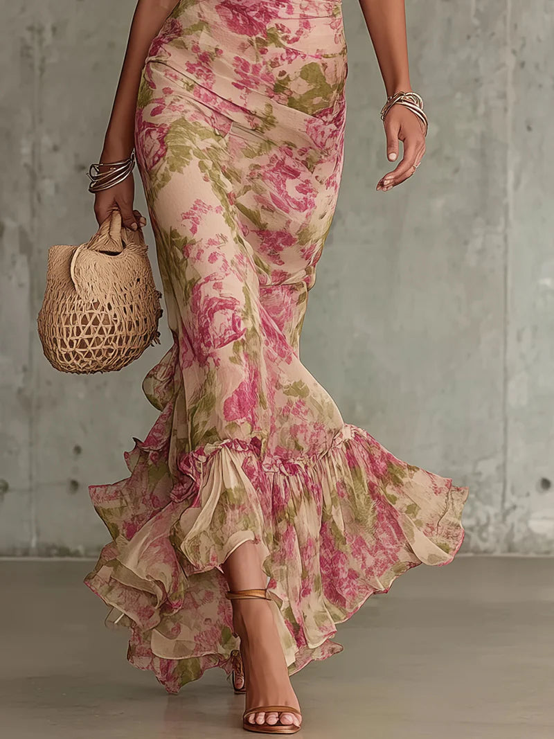 Elegant Pink Floral Maxi Dress for Women with Mock Neck Puff Sleeve Ruffle Mermaid Style
