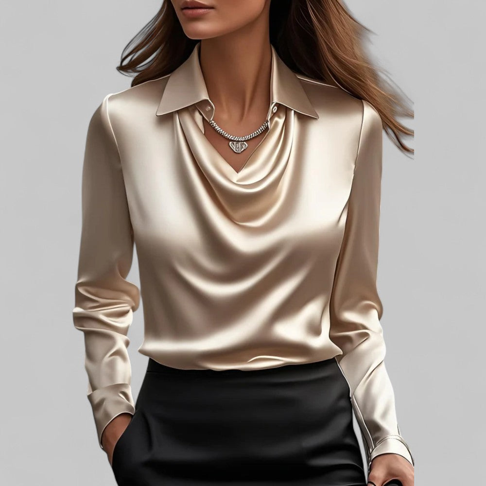 Elegant Satin Blouse for Women with Cowl Neck Long Sleeve Draped Silky Style