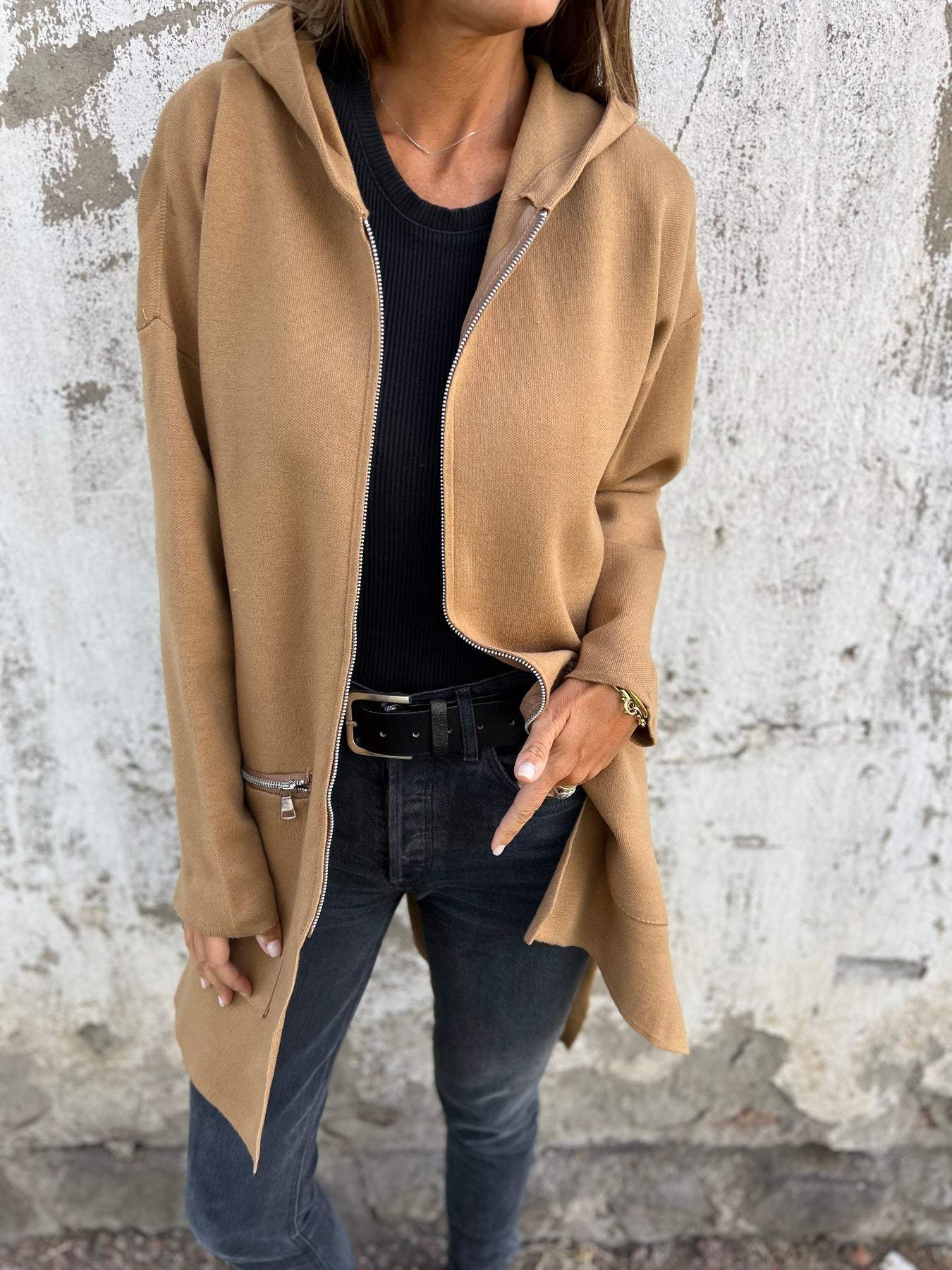 Effortless Longline Cardigan for Women with Open Front Long Sleeve Zip Pocket Relaxed Style