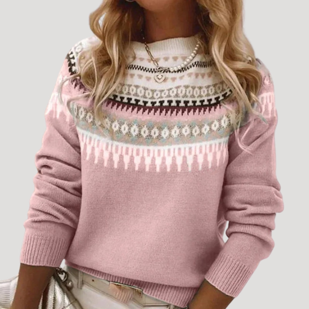 Comfortable Fair Isle Sweater for Women with Round Neck Long Sleeve Relaxed Oversized Knit Style