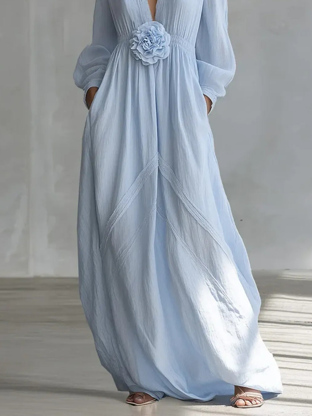 Elegant Blue Floral Maxi Dress for Women with V Neck Balloon Sleeve Flowing Bohemian Style