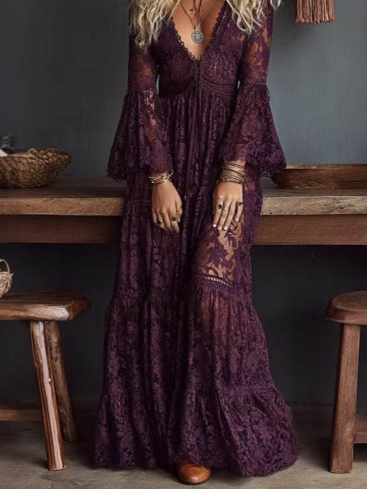 Effortless Purple Lace Maxi Dress for Women with V Neck Bell Sleeve Tiered Ruffle Bohemian Style