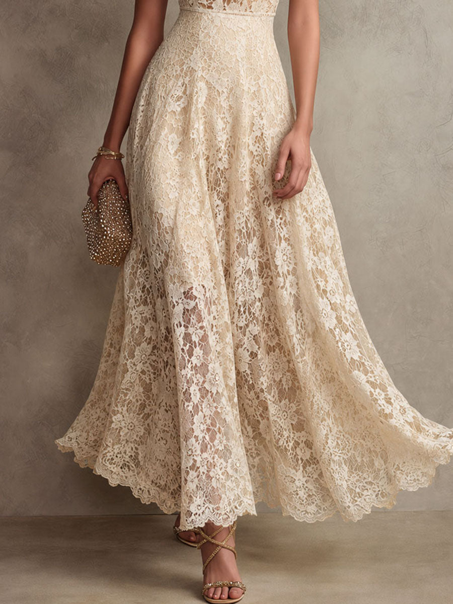 Elegant Beige Lace Maxi Dress for Women with Halter Neck Sleeveless Flowing Wedding Guest Style