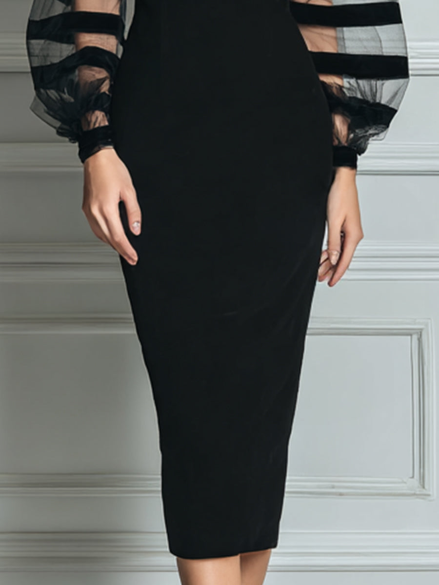 Elegant Black Midi Dress for Women with Boat Neck Balloon Sleeve Sheer Striped Bodycon Cocktail Style