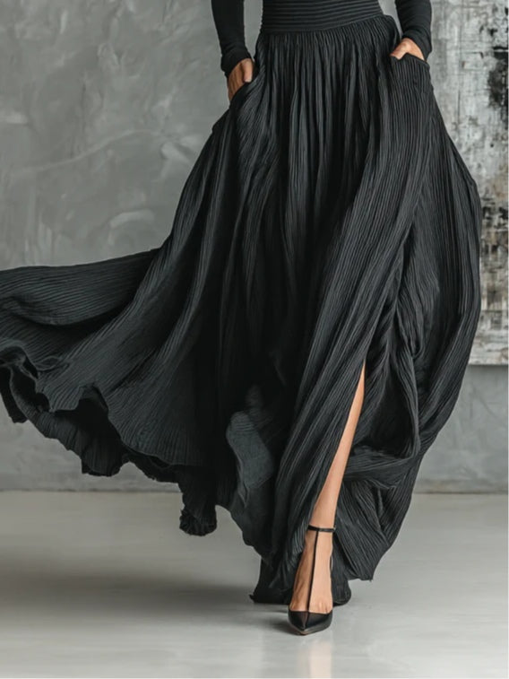 Elegant Black Pleated Maxi Skirt Set for Women with Turtleneck Long Sleeve Wide Leg Two Piece Style