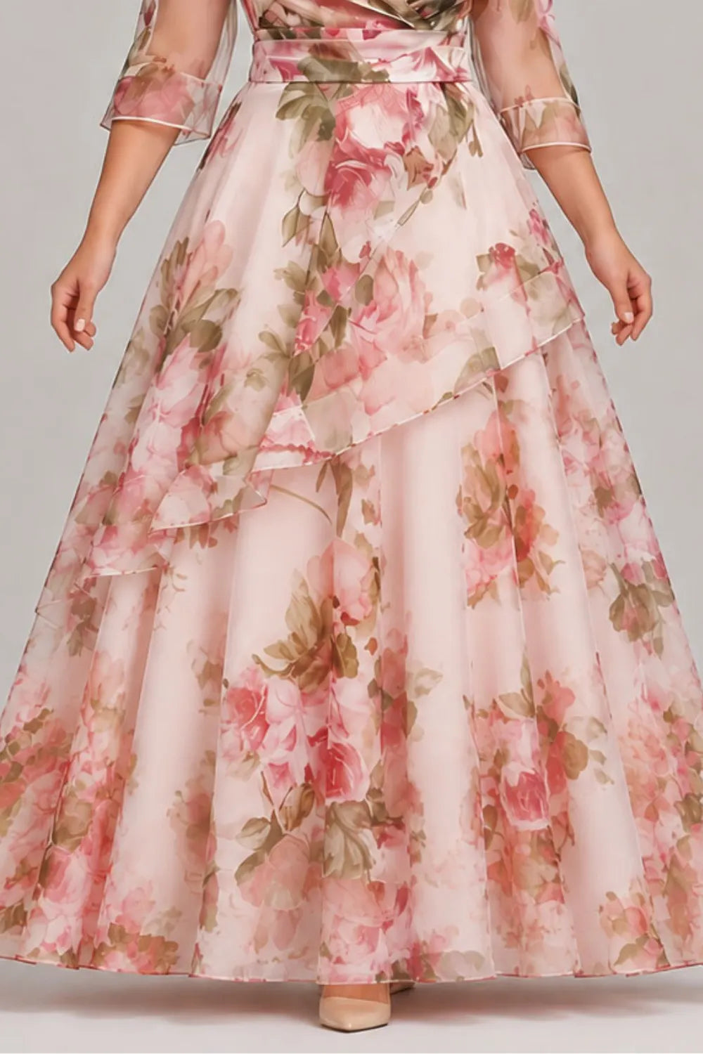 Elegant Pink Floral Maxi Dress for Women with V Neck Bell Sleeve Wrap Tiered Ruffle Wedding Guest Style
