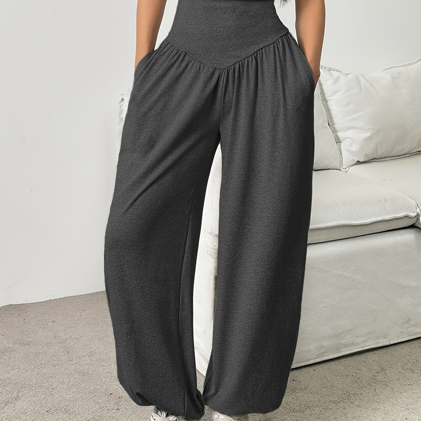 1pc Women'S High-Waist Comfortable Running Pants - Stretchy Soft Wide-Leg Casual Trousers, Suitable for Running And Fitness, Solid Color, All-Season