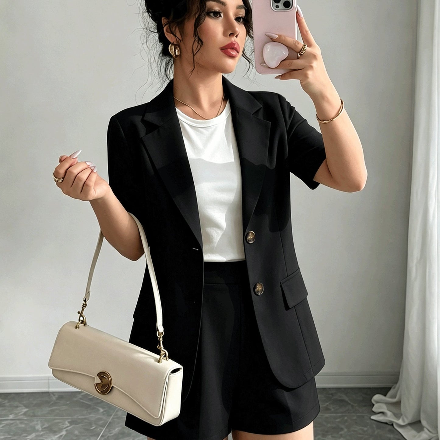 Effortless Blazer Shorts Set for Women with Lapel Collar Short Sleeve Button Front Two Piece Style