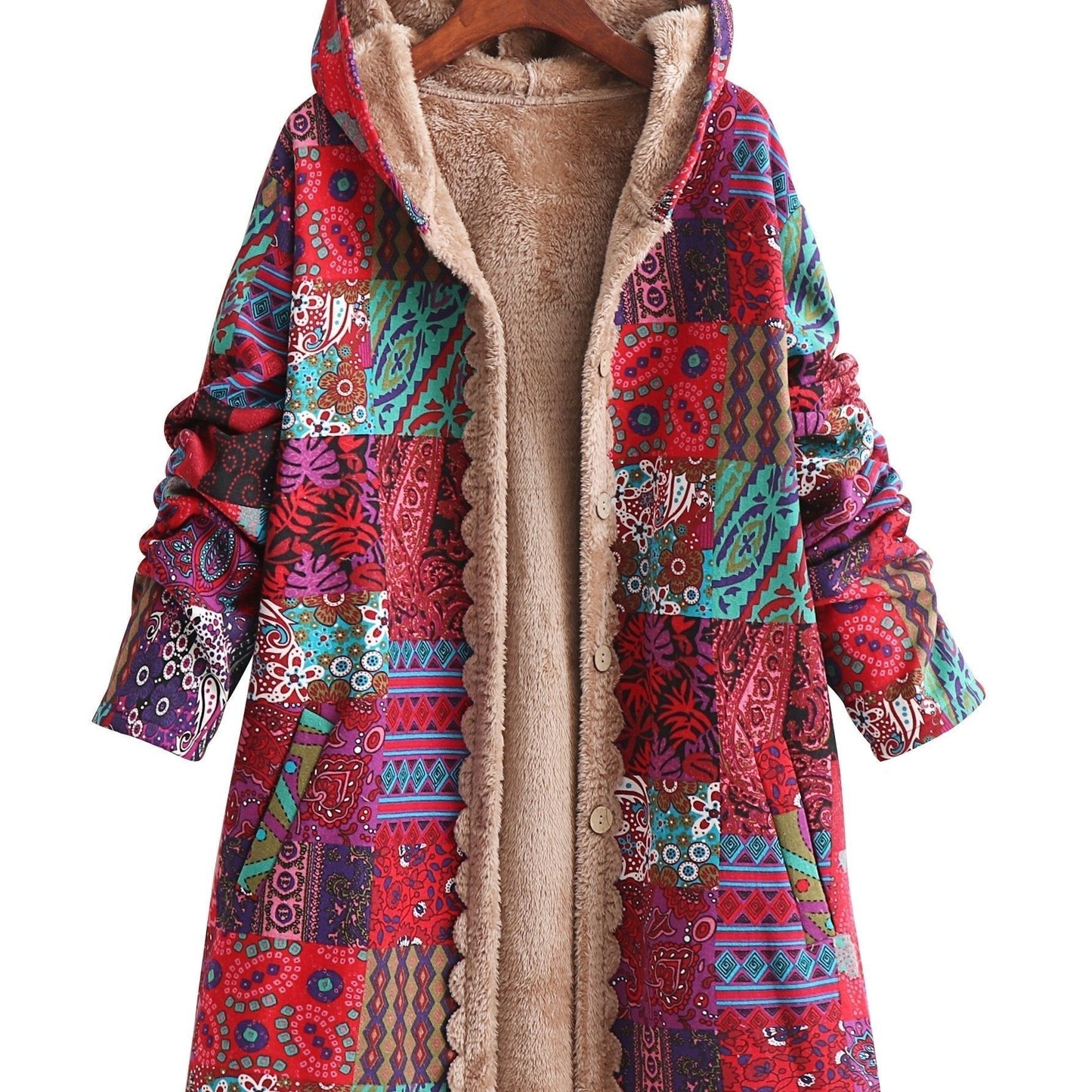Effortless Patchwork Print Fleece Lined Coat for Women with Hooded Long Sleeve Button Front Oversized Bohemian Style