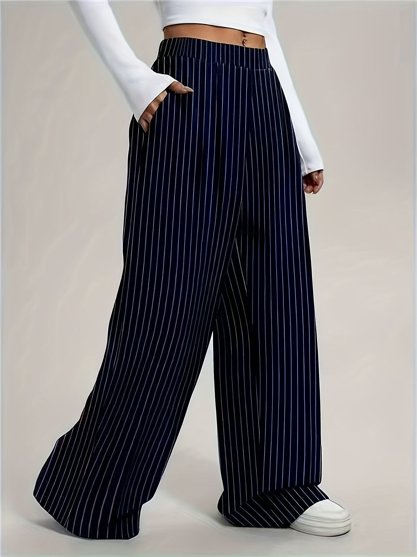 Effortless Navy Pinstripe Wide Leg Pants for Women with High Waist Pleated Relaxed Casual Style