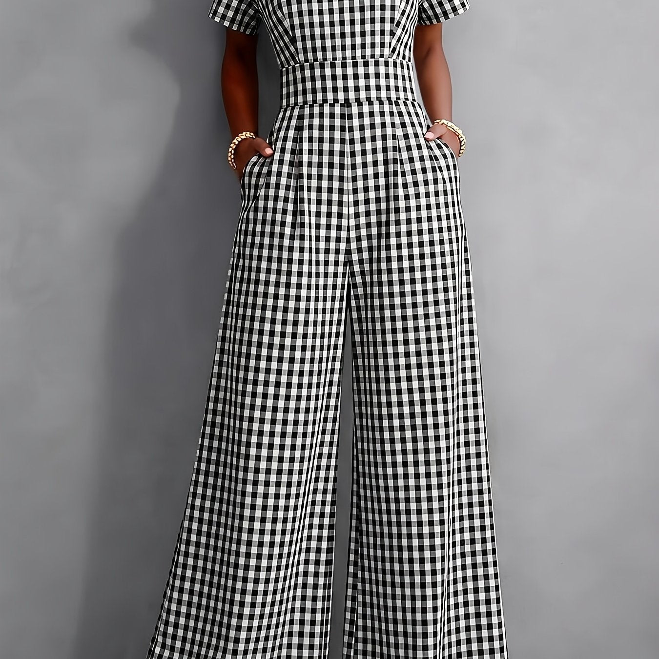 2026 Spring Summer New Plaid V-Neck Short Sleeve Jumpsuit Women'S High-Waist Wide-Leg Straight Long Pants, Women'S Commute Casual Two-Wear Jumpsuit, High-Waist Waist-Cinching Design with Flowing Wide-Leg Trousers