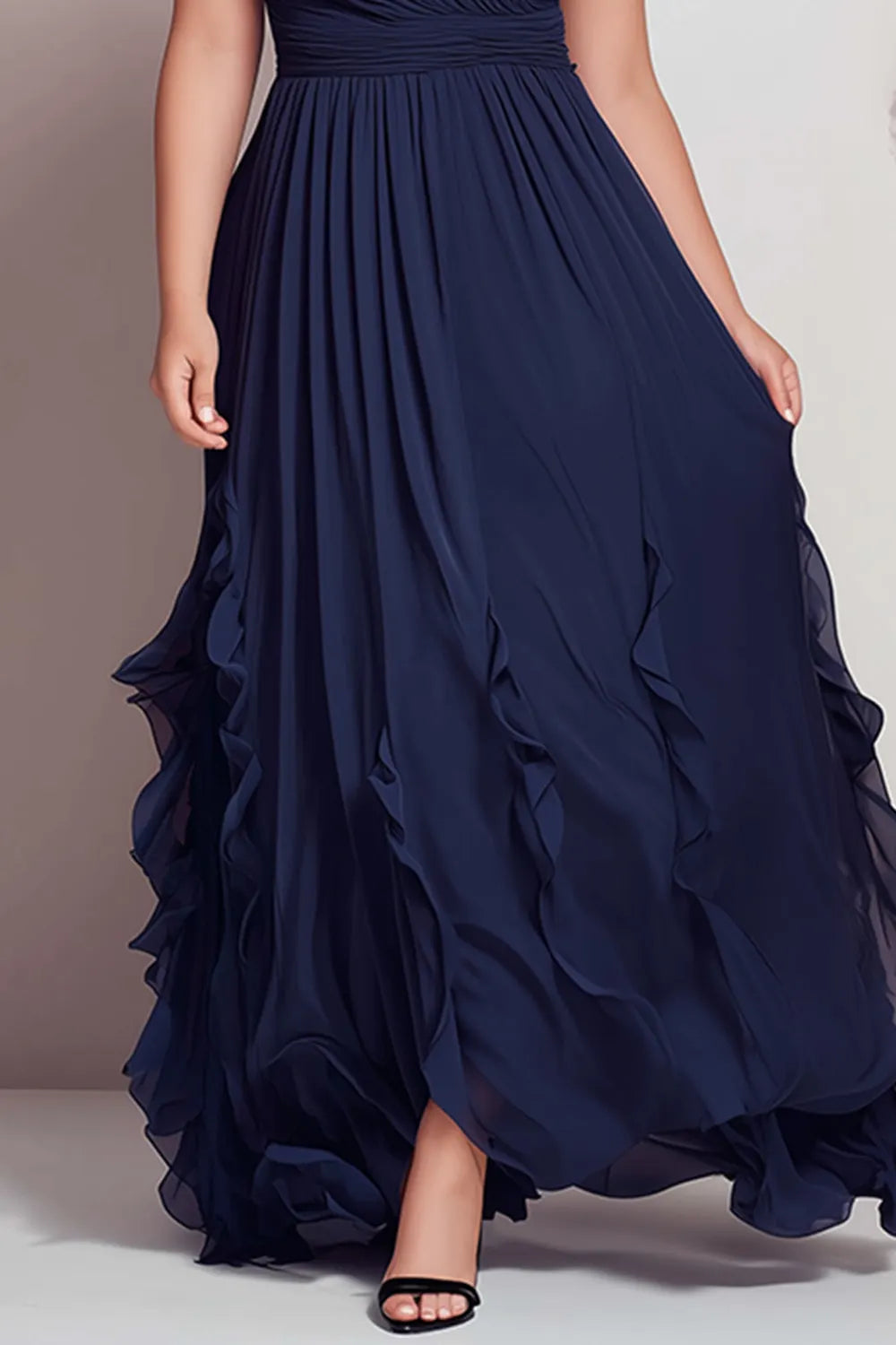 Elegant Navy Blue Maxi Dress for Women with V Neck Ruffle Strap Ruched Waist Flowing Wedding Guest Style