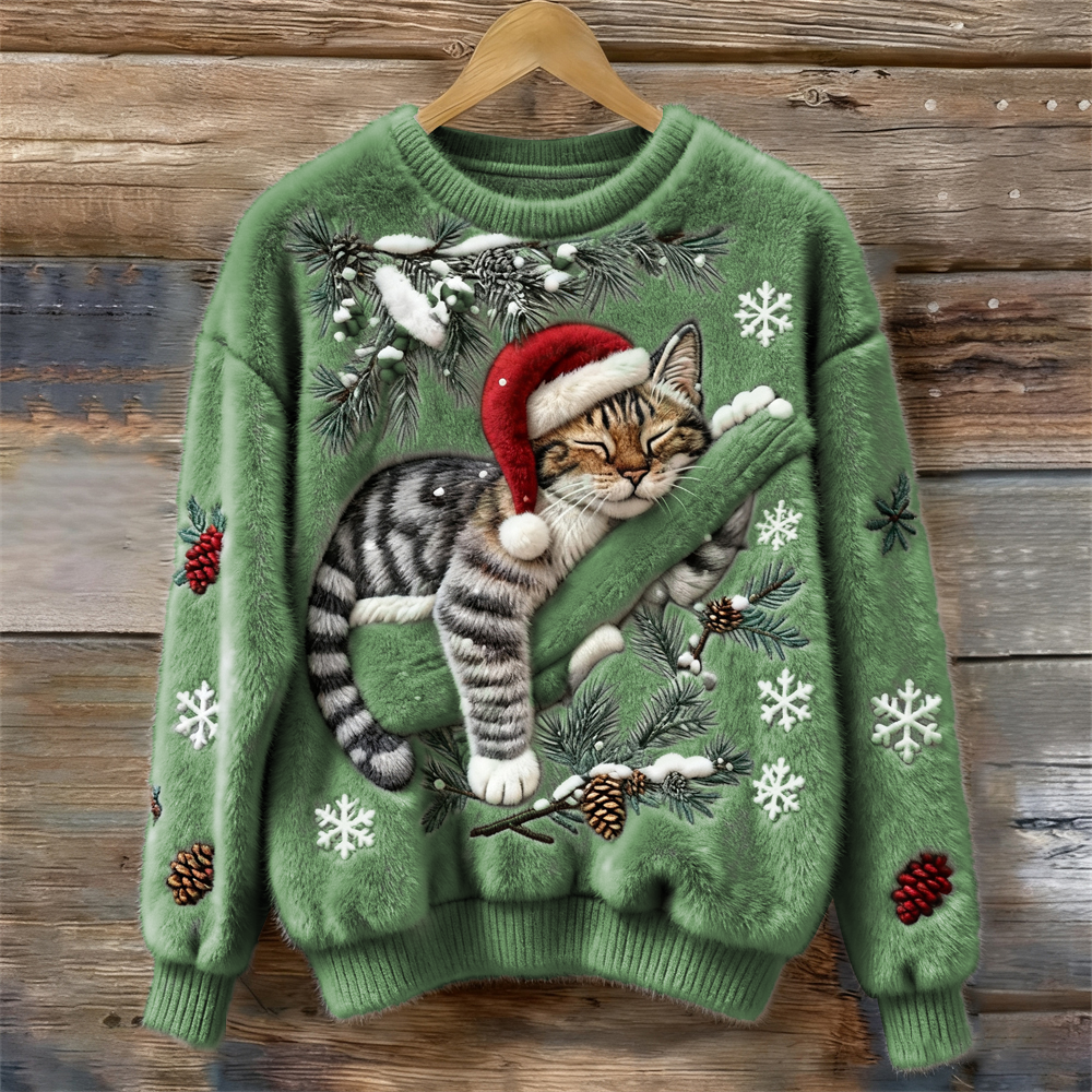 Comfortable Cat Print Sweater for Women with Crew Neck Long Sleeve Embroidered Snowflake Oversized Knit Style