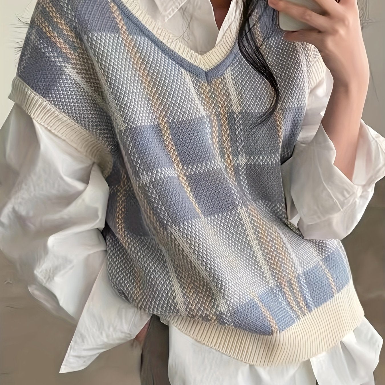 Comfortable Plaid Sweater Vest for Women with V Neck Sleeveless Ribbed Trim Oversized Knit Style