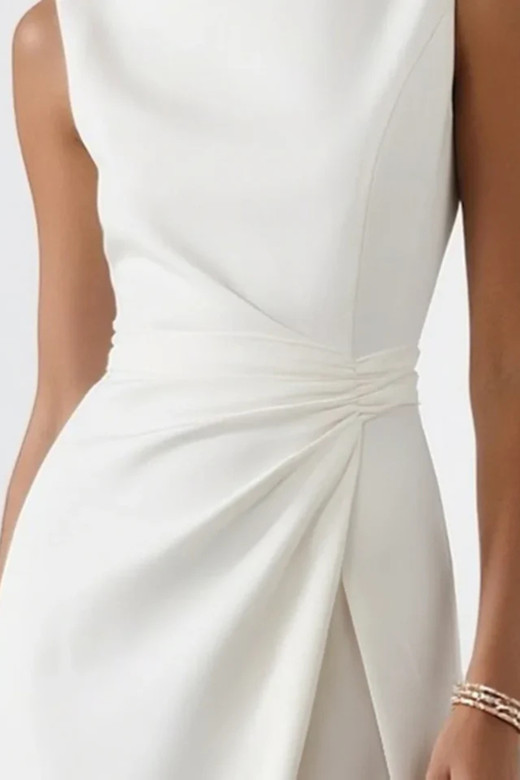 Elegant White Maxi Dress for Women with Boat Neck Sleeveless Draped Front Slit Formal Wedding Guest Style