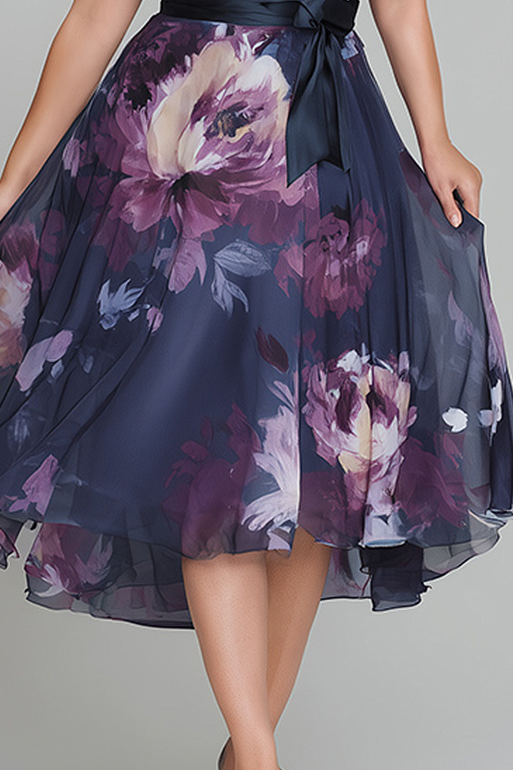 Elegant Navy Blue Floral Midi Dress for Women with V Neck Cap Sleeve Wrap Tie Waist Flowing Style