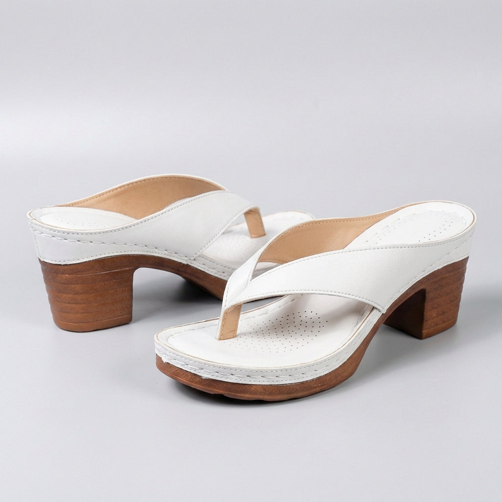 Elegant Black Leather Platform Sandal for Women with Thong Strap Block Heel Stacked Wood Casual Style