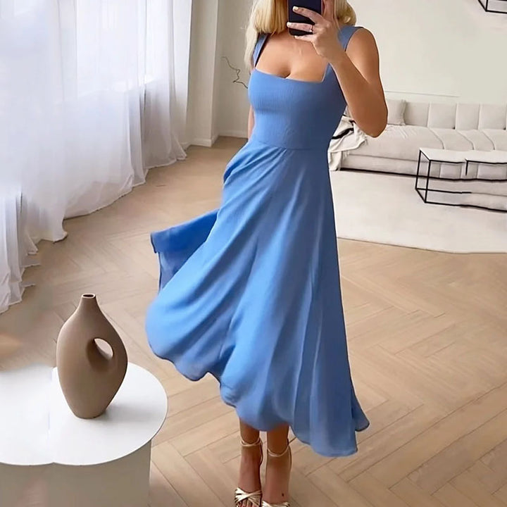 Elegant Chiffon Midi Dress for Women with Square Neck Sleeveless A Line Flowing Style