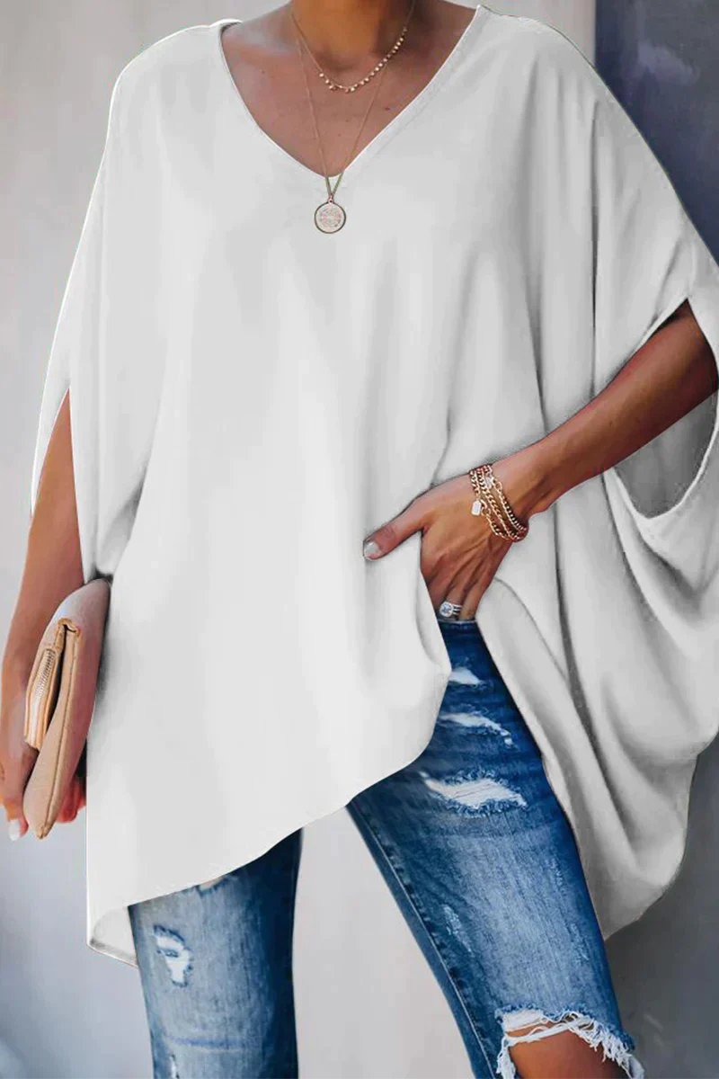 Effortless Poncho Blouse for Women with V Neck Batwing Sleeve High Low Hem Flowing Bohemian Style