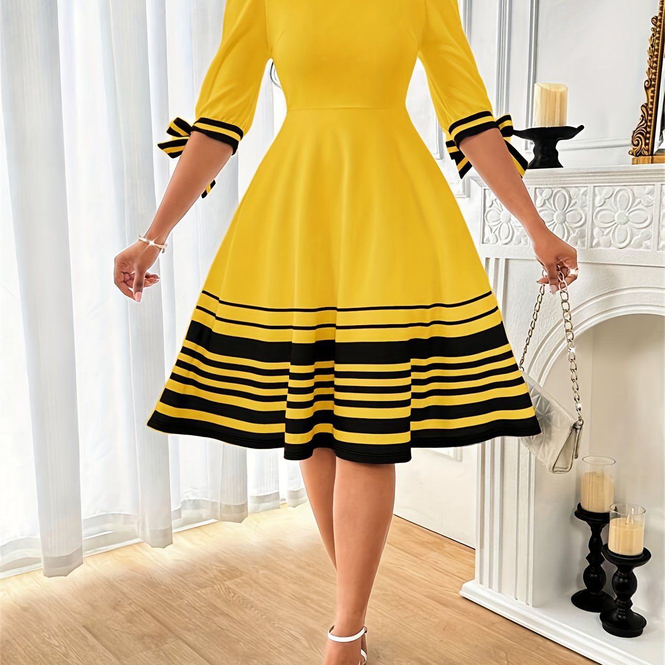Summer Elegant Orienteering Style Floral Print Round Neck Bubble Short Sleeve Bow Women'S A-Line Dress