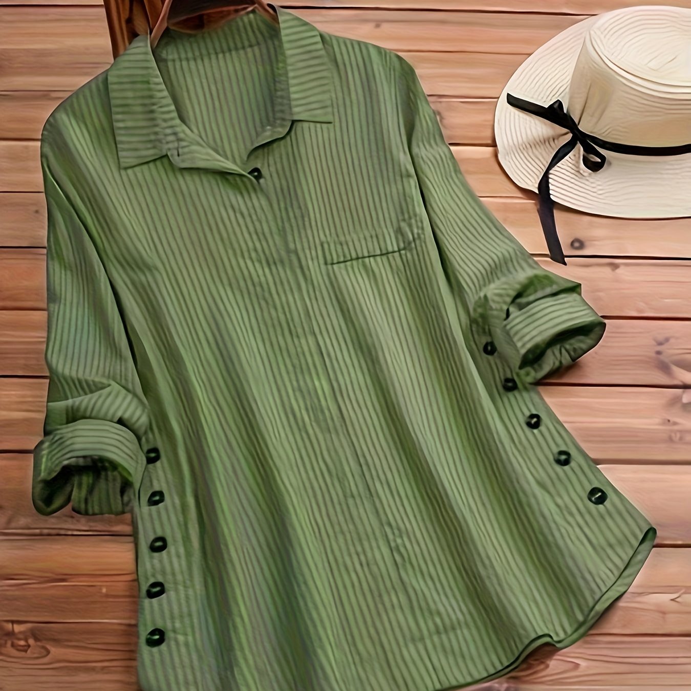 Effortless Striped Blouse for Women with Collar Long Sleeve Side Button Relaxed Style