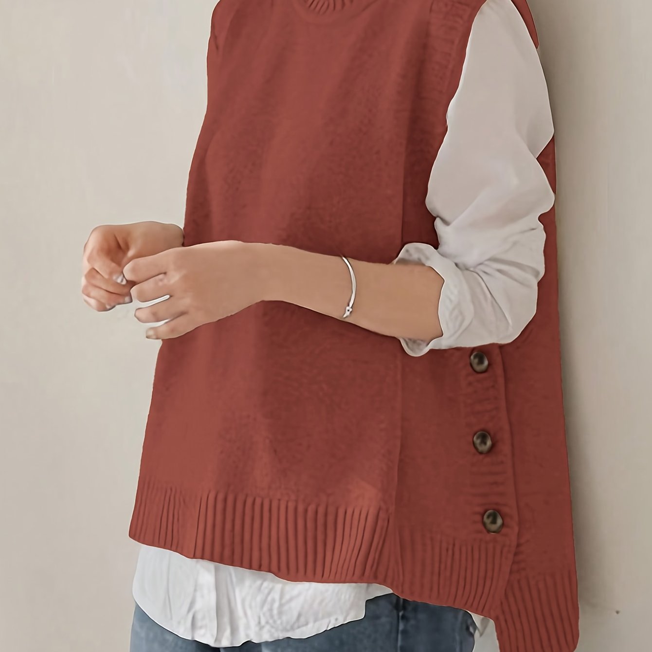 Comfortable Ribbed Knit Sweater Vest for Women with Mock Neck Sleeveless Side Button Relaxed Style