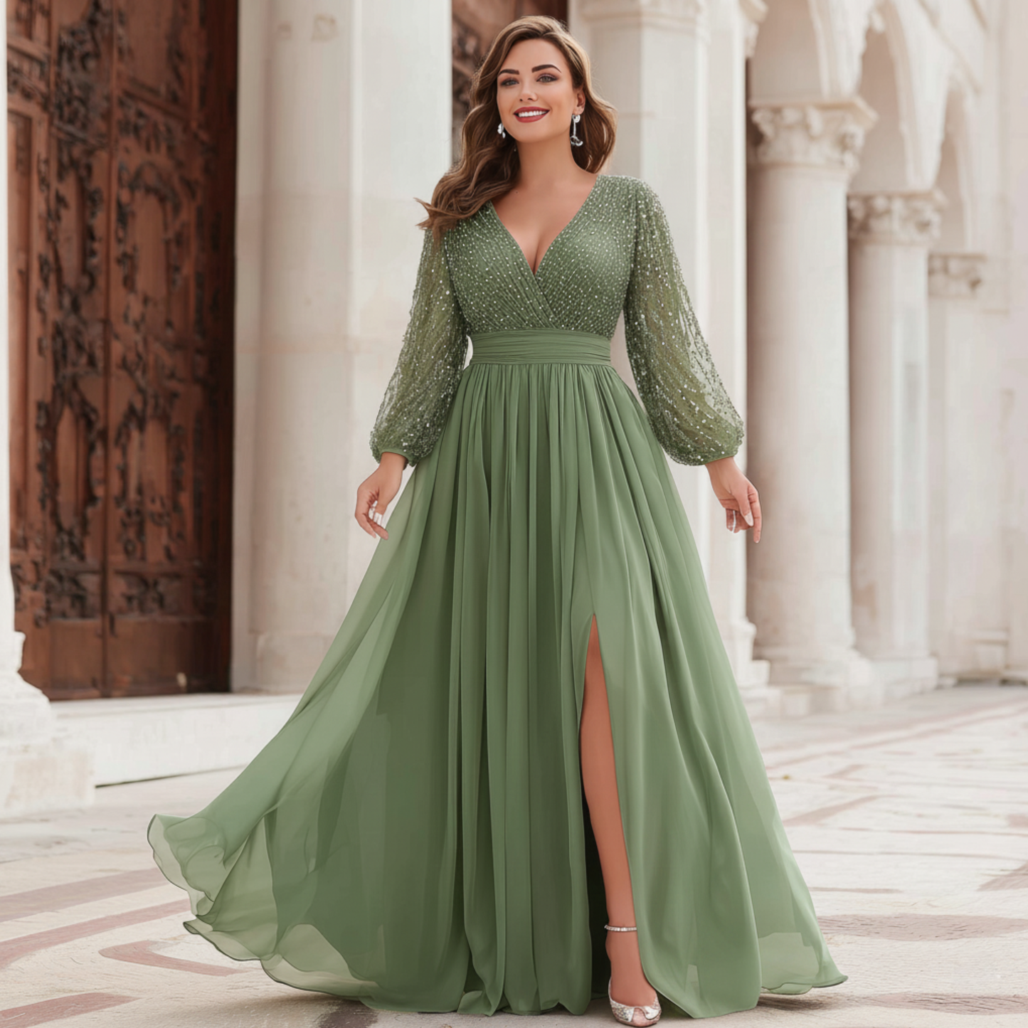 Elegant Sage Green Sequin Maxi Dress for Women with V Neck Long Sleeve High Slit Formal Wedding Guest Style