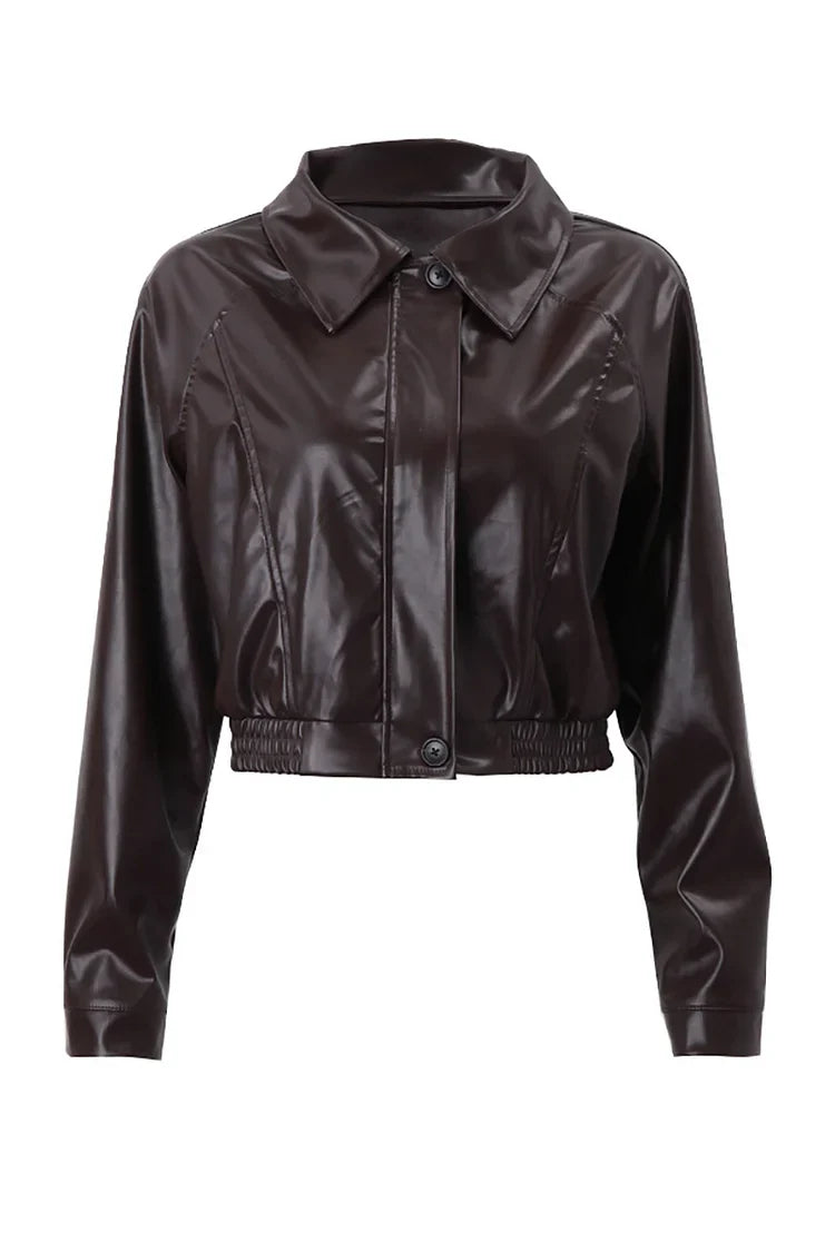 Elegant Brown Leather Jacket for Women with Collar Long Sleeve Zip Front Cropped Moto Style