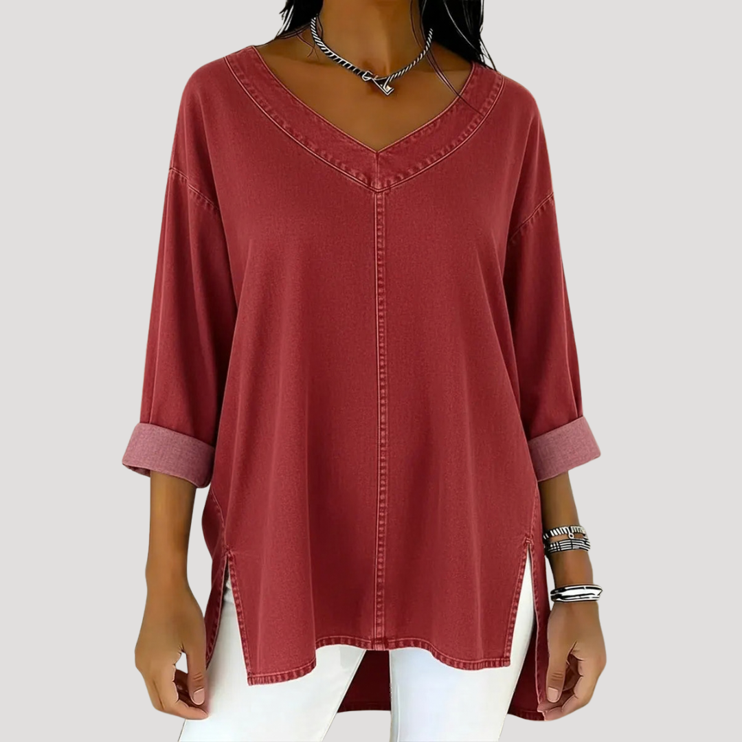 Effortless Denim Tunic Top for Women with V Neck Elbow Sleeve High Low Hem Relaxed Style