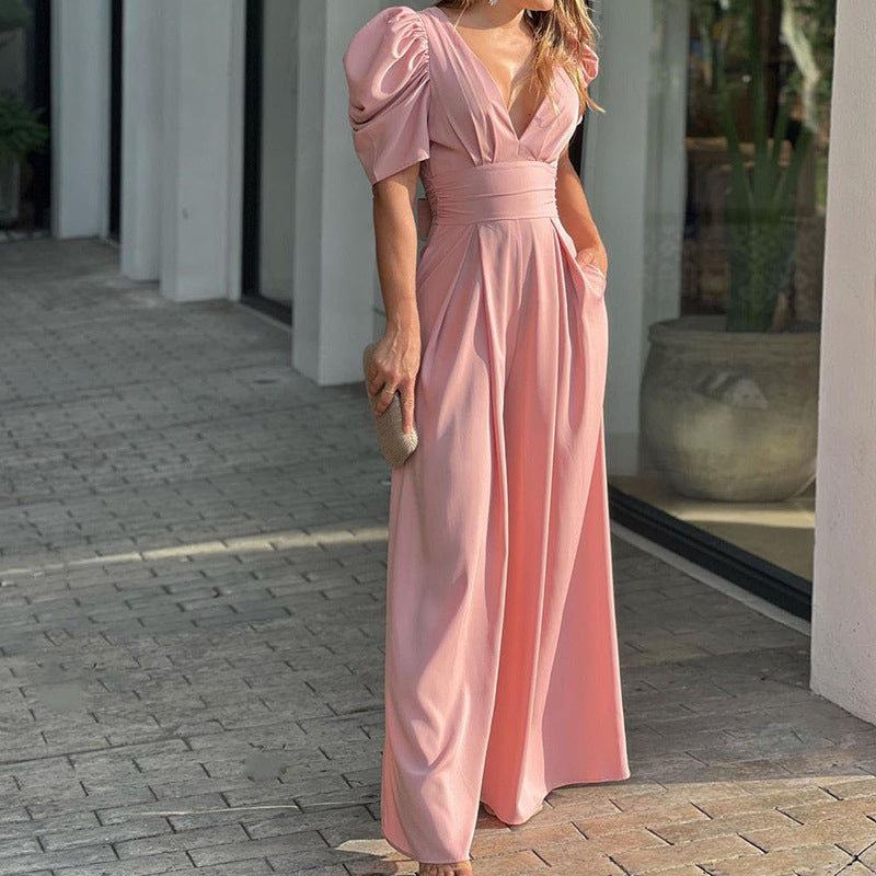 Elegant Wide Leg Jumpsuit for Women with V Neck Puff Sleeve Belted Waist Flowing Style