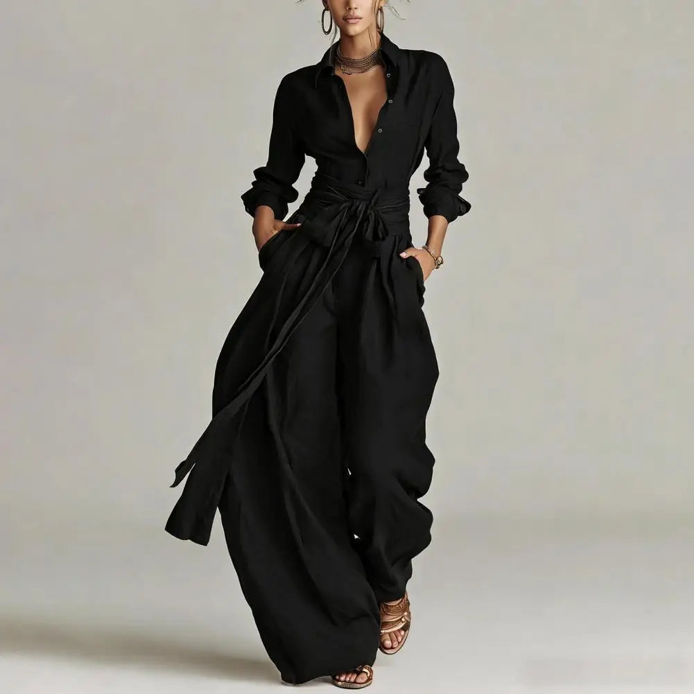 Effortless Linen Jumpsuit for Women with Collar Long Sleeve Wide Leg Belted Relaxed Style