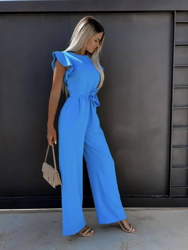 Elegant Wide Leg Jumpsuit for Women with Round Neck Ruffle Sleeve Belted Flowing Style