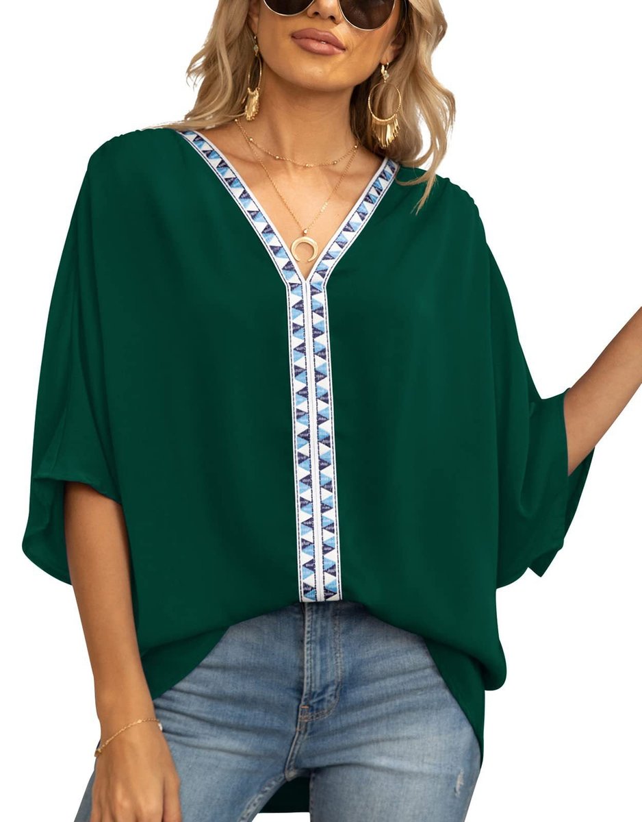 Effortless Embroidered Trim Blouse for Women with V Neck Batwing Sleeve High Low Hem Bohemian Style