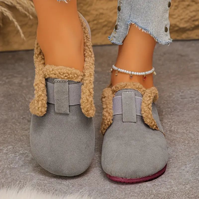 Comfortable Winter Shoes for Women with Faux Fur Strap Detail Cushioned Slip On Flat Style
