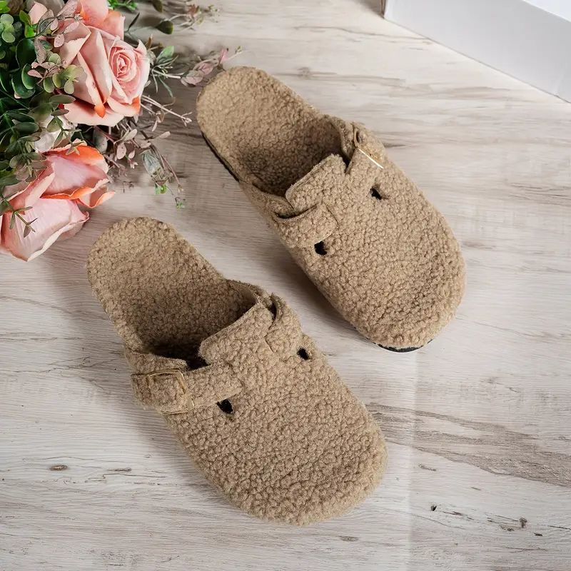 Comfortable Clogs for Women with Teddy Fleece Upper Buckle Strap Backless Slip On House Shoes