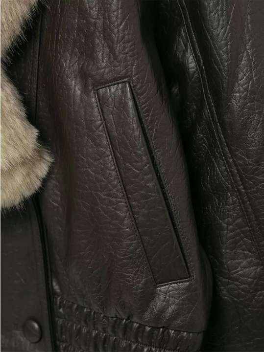 Stylish Leather Bomber Jacket for Women with Faux Fur Collar Long Sleeve Snap Button Relaxed Style
