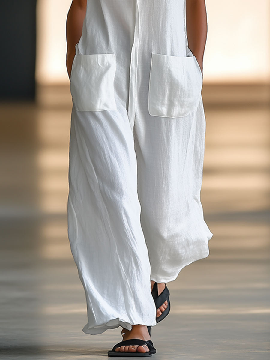 Elegant White Linen Jumpsuit for Women with Collar Sleeveless Wide Leg Relaxed Style