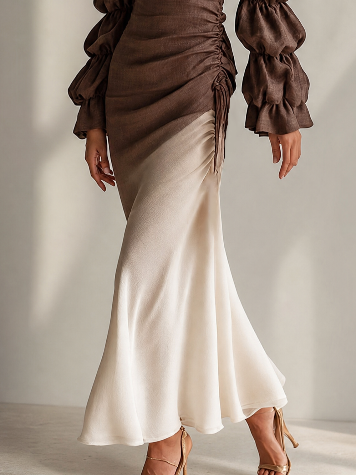 Elegant Brown Color Block Maxi Dress for Women with Square Neck Puff Sleeve Ruched Mermaid Hem Flowing Style