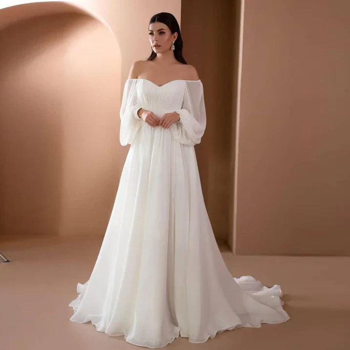 Elegant White Chiffon Wedding Dress for Women with Sweetheart Off Shoulder Bishop Sleeve A Line Flowing Style