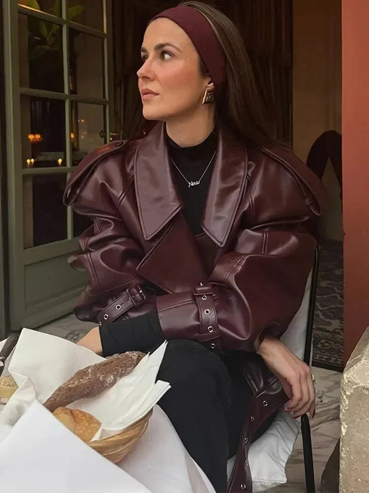 Elegant Burgundy Leather Jacket for Women with Notch Collar Long Sleeve Belted Cropped Casual Style