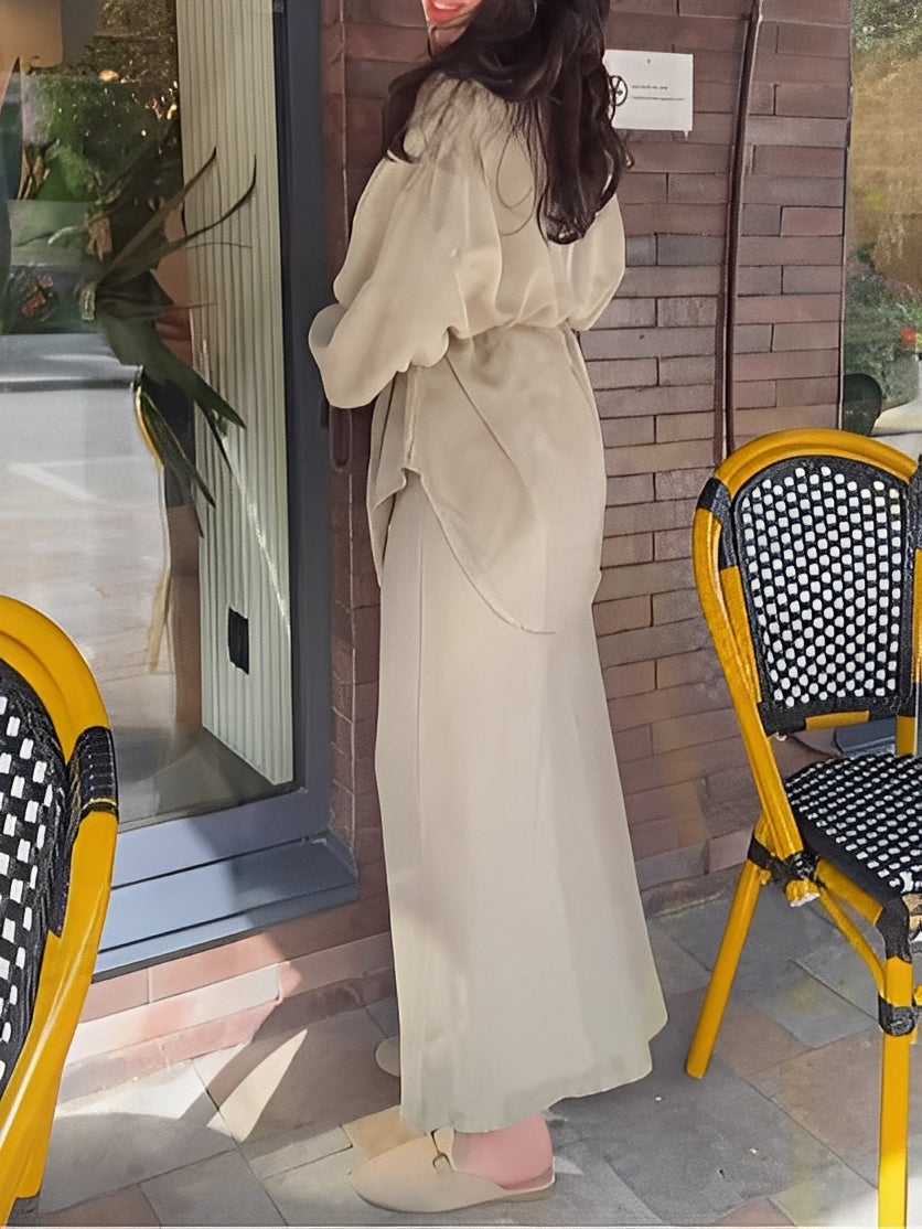 Effortless Satin Two Piece Set for Women with Button Front Drawstring Waist Maxi Skirt Relaxed Style