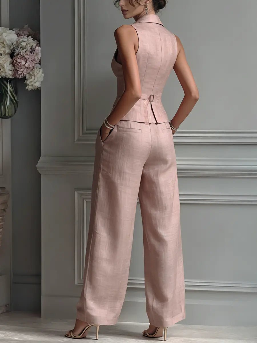 Elegant Light Pink Linen Two Piece Set for Women with Notched Lapel Button Front Waistcoat Wide Leg Pant Formal Style