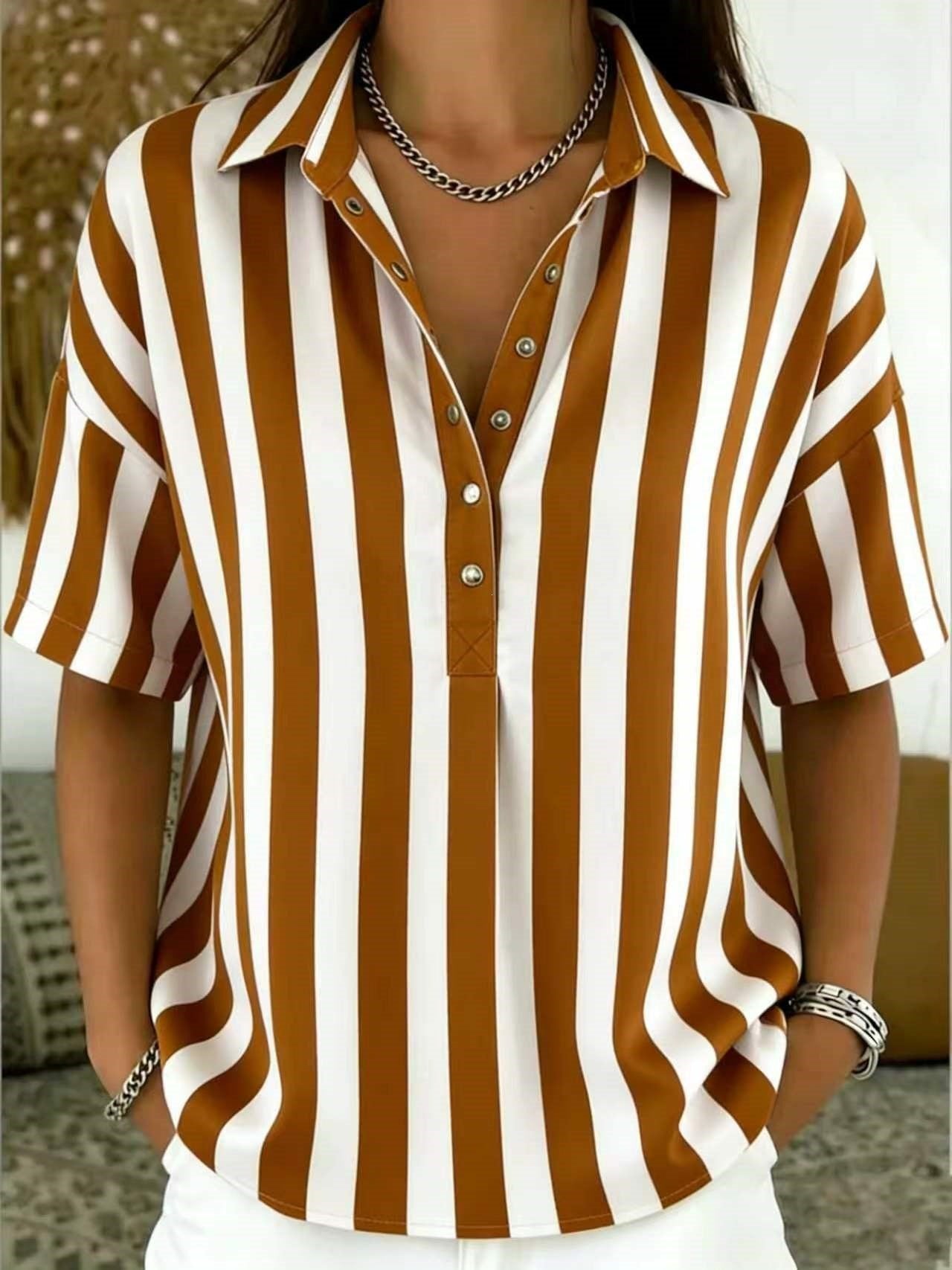 Effortless Striped Blouse for Women with Collar Short Sleeve Button Front Relaxed Casual Style