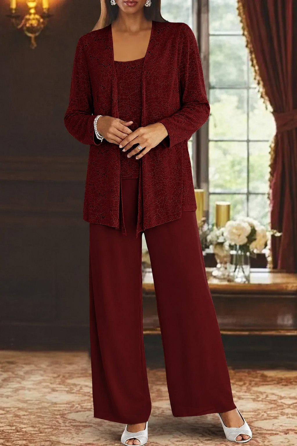 Elegant Sequin Lace Three Piece Set for Women with Open Front Jacket Wide Leg Pant Formal Style