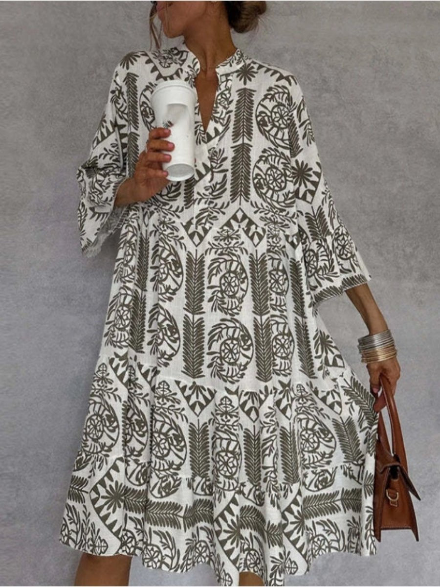 Effortless Boho Print Midi Dress for Women with V Neck Bell Sleeve Tiered Ruffle Flowing Style
